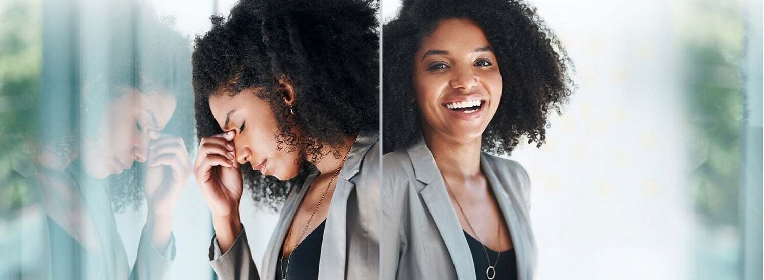 Side by side images of the same woman smiling and looking sad